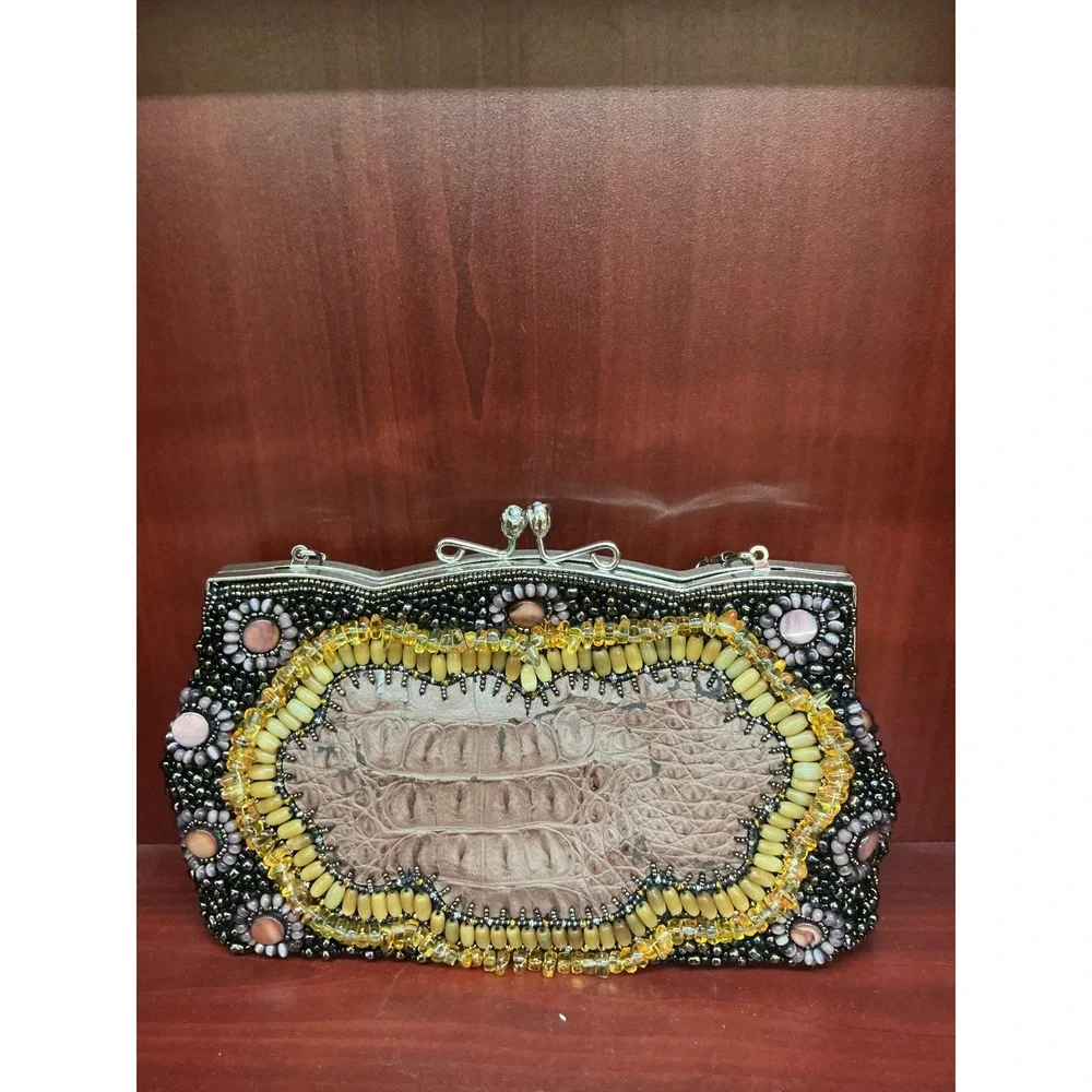 Ohh Ashley Handcrafted Beaded Floral Starfish Evening Clutch Bag Black Pink 10in